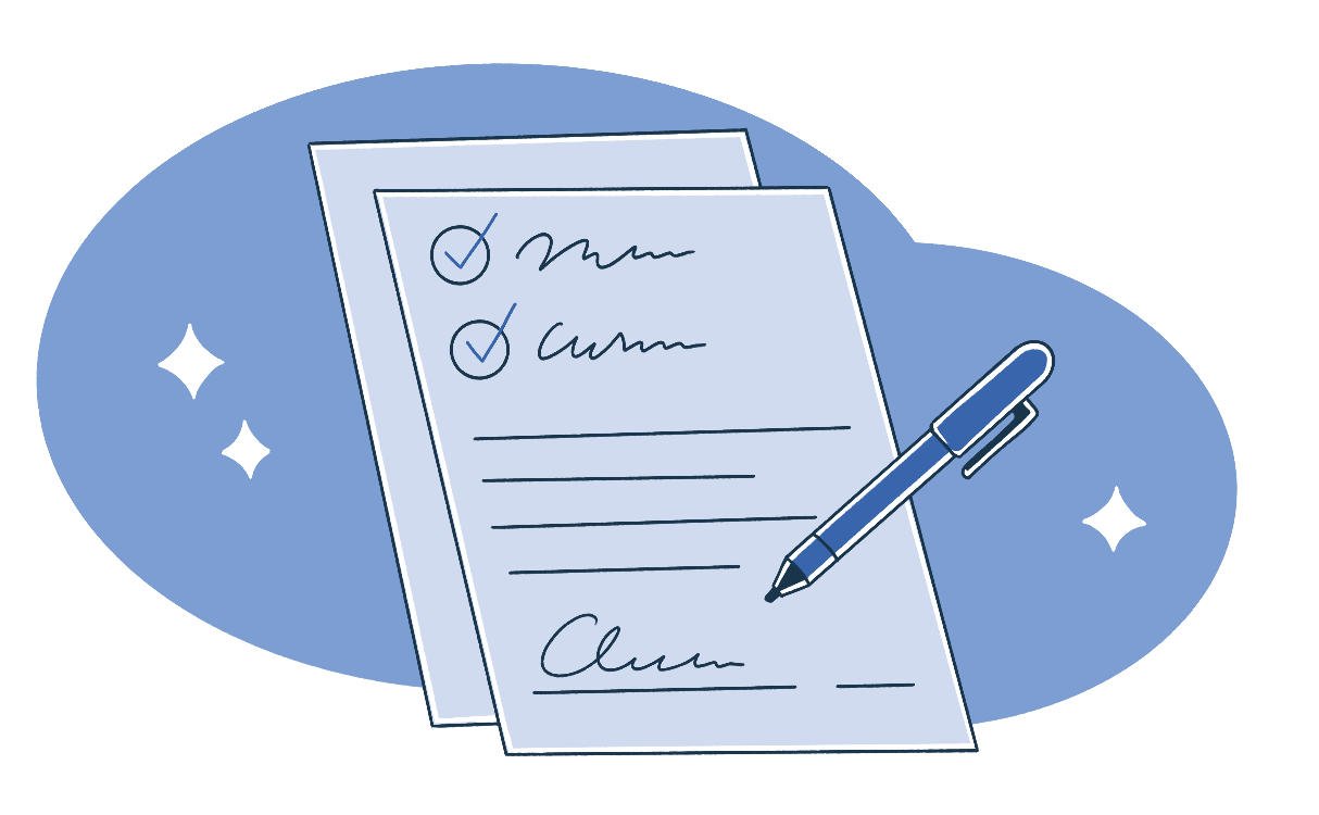 A pile of official forms, signed with a pen.
