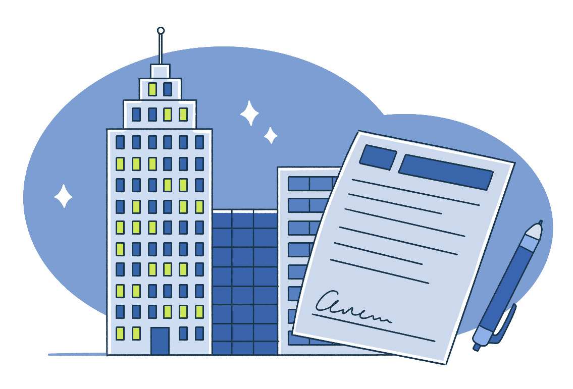 A pile of forms in front of some skyscrapers.