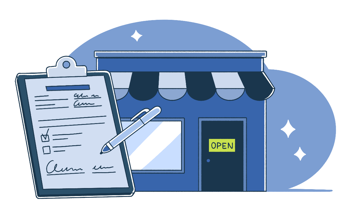 LLC business forms on a clipboard in front of a store.