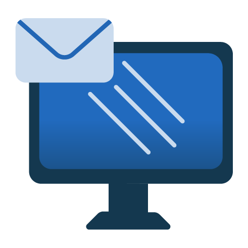 A blue computer screen with an envelope in the corner representing email.